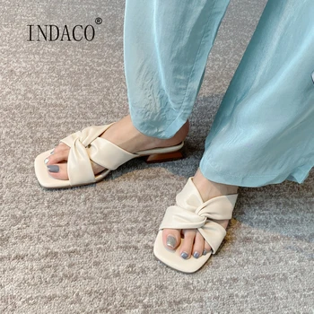 

2020 Women Summer Slippers Outside Leather Slides Slip on High Heel Black Red Beige Brown 2.5cm