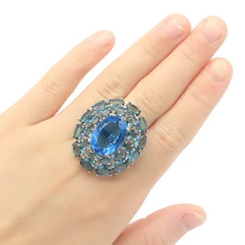 

35x31mm Stunning Big Size Created London Blue Topaz Christmas Gift Ladies Party Silver Rings
