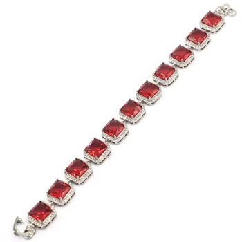 

13x13mm SheCrown Created Pink Raspberry Rhodolite Garnet CZ Silver Bracelet 8-9.0inch