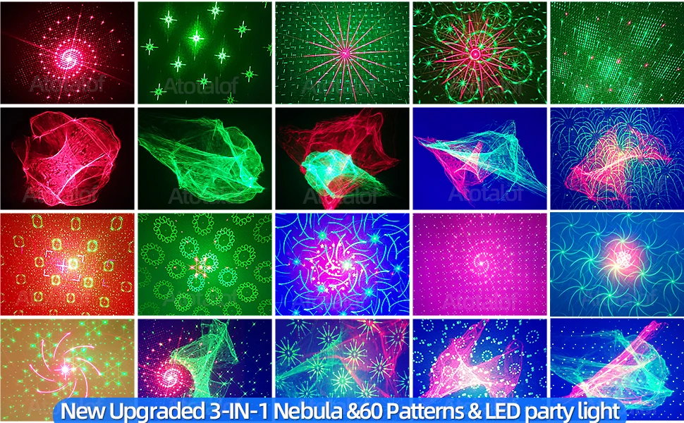 Atotalof Dj Laser Party Light Northern Lights USB Strobe Laser Lights 60in1 Pattern for Club Christmas Birthday Stage Projector