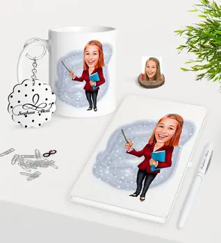 

Personalized Women 'S Teacher Caricature Of Trophy Keychain White Notebook Pen Gift Seti-3