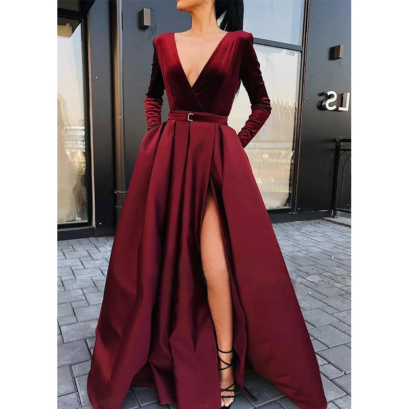 Anself Women Long Gown Elegant Ladies Dress Party Dresses A-line Deep V ...