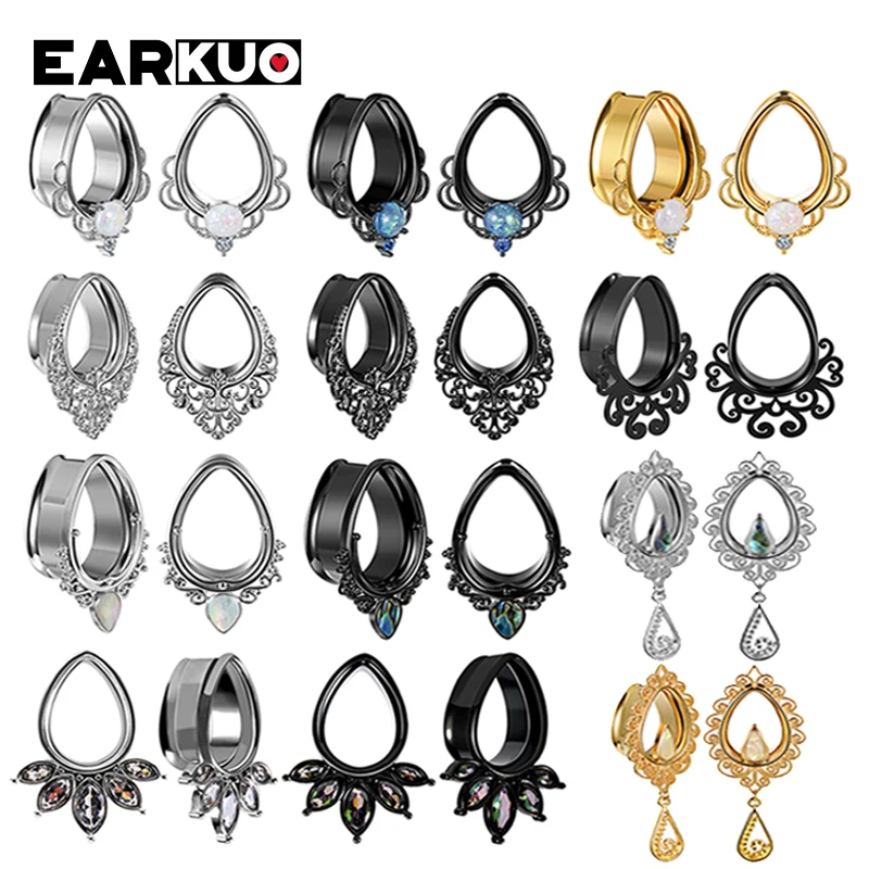 

EARKUO New Trendy Water Drop Flower Vine Shell Stainless Steel Ear Piercing Plugs Expanders Body Jewelry Ear Gauges Tunnels 2PCS