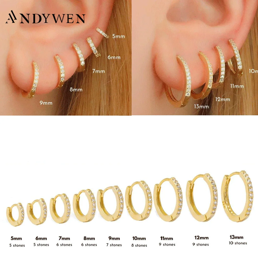 925 Sterling Silver Gold Zircon CZ 5mm 6mm 7mm 8mm To 13mm Huggies Hoops Piercing Pendiente Clips ANDYWEN Luxury Fine Jewelry silver hoop earrings,silver earrings,hoop earrings,womens earrings,gold earrings