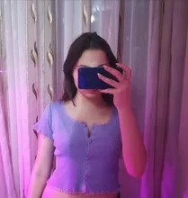 T-Shirt Women Tops Button-Crop-Top Short-Sleeve O-Neck Basic Blue Ruffles Casual Summer