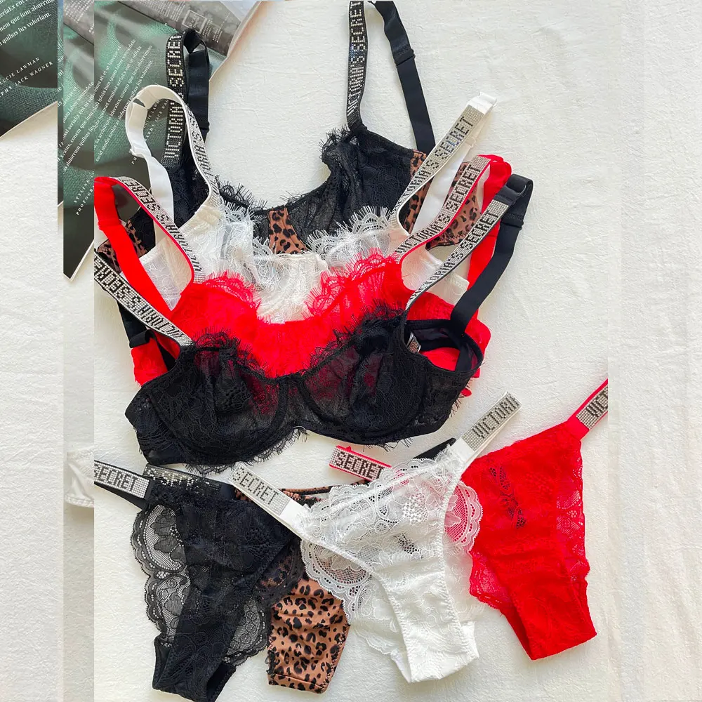 Conjunto de bikini de 2 piezas para mujer, ropa interior Sexy con sujetadores y letras de diamantes imitación, sujetador de realce de marca rosa, lencería cómoda de talla grande - AliExpress