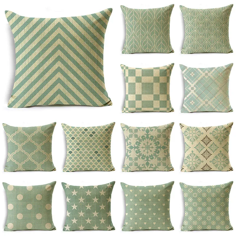 WZH Personalized Geometric Pattern Green Series Printing Cushion Cover Home Decorative Linen Pillowcase 40cm/45cm and 50cm |