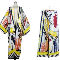 African Women Fashion Outfits Printed Two Pieces Set Plus Size Bohemian Kuwait Loose Kaftan Pants +Long Kimonos For Party 5