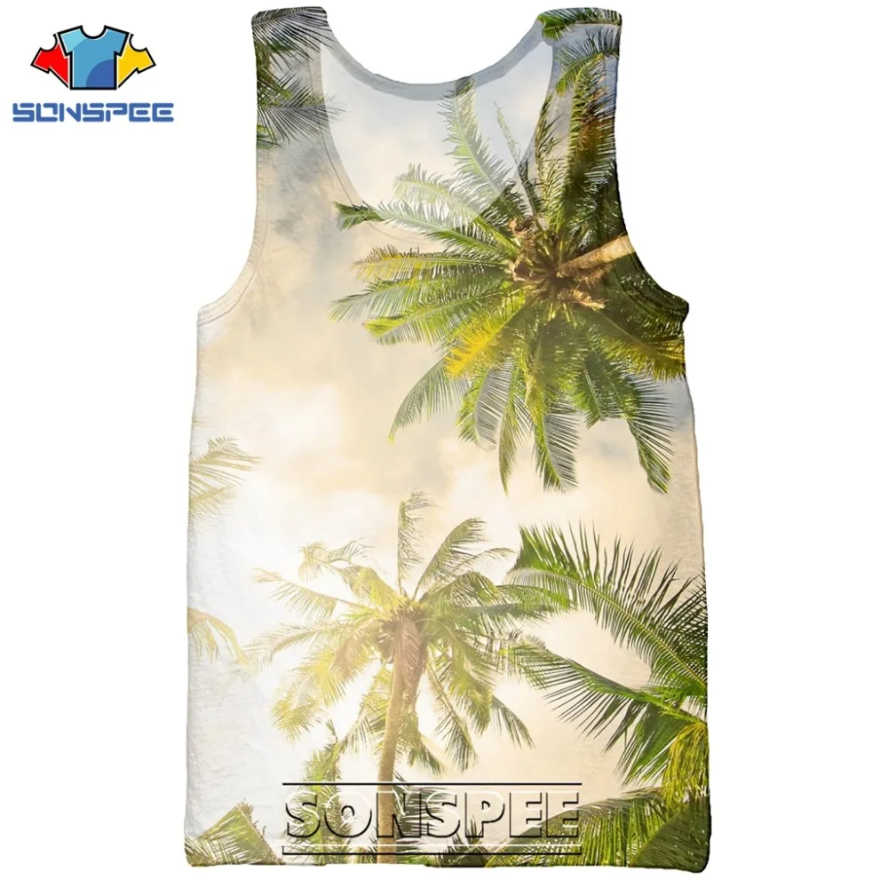 SONSPEE 3D Print Palm Tree Summer Beach Sea Men's Tank Tops Casual Fitness Bodybuilding Gym Muscle Men Sleeveless Vest Shirt