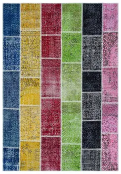 

Blue Yellow Green Black Handmade Rug Pink Patchwork Rug, Real Handmade Patchwork Carpet 4013