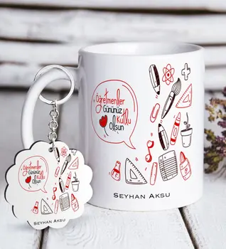 

Personalized Teachers Present-Day Happy White Mug and Keychain Gift Seti-2