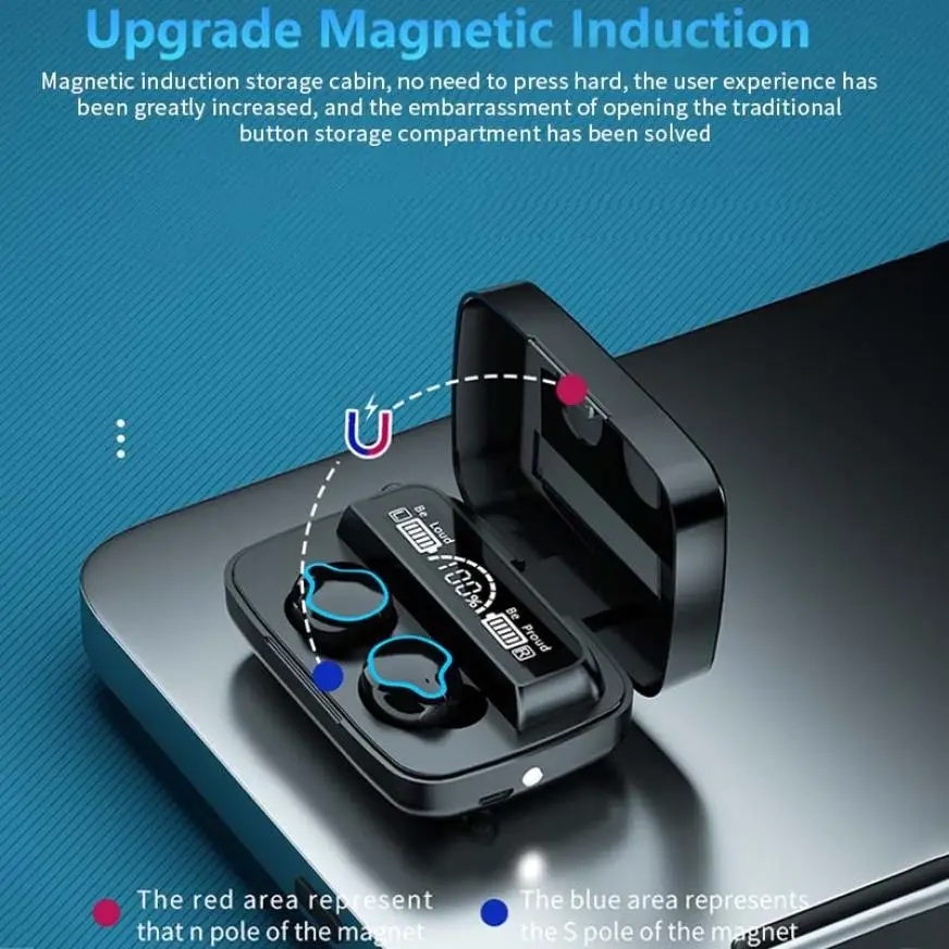 TWS M9 Bluetooth 5.1 Wireless Geadset Mirror Power Display Touch Control Earphone Noise Reduction Earpieces with LED Flashlight