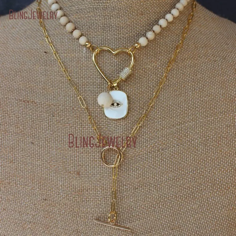 

NM33776 Riverstones Heart Carabiner Choker Paperclip Necklace Evil Eye Charm Dainty Light Gold Color Lock