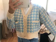 HEYounGIRL pata de gallo a cuadros estampado Cardigan mujeres otoño cuello V Vintage Top corto de punto suéter Casual suelto de punto de invierno