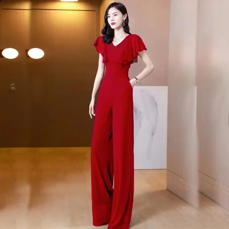 

Новинка лета 2023, цельнокроеные брюки, черный шифоновый женский топ с рукавом «Лотос», тонкие широкие брюки, женский комбинезон