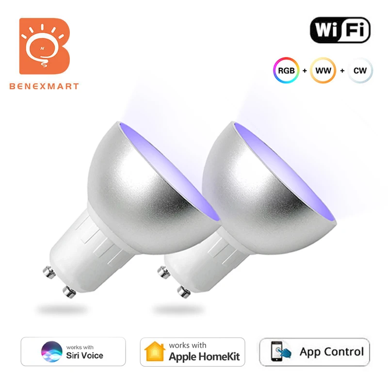 Benexmart Smart Homekit WiFi GU10 Smart LED Light Bulb RGBCW Dimmable Lamp Alexe Siri Voice Control Color Change 5W Spotlighting