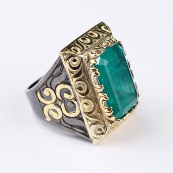

Handmade Mens Silver Dark Green Paraiba Tourmaline Ring,18 K gold plated Man 925 Silver Ring, Rectangular Tourmaline Ring