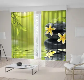 

Curtain Yellow Orchid Flowers Green Bamboo Leaves Black on Stones Water Spa Concept Photo Printed