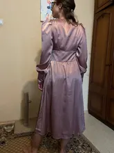 A-Line Dress V-Neck Spring Bishop-Sleeve Satin Simplee Chic Elegant Vintage High-Waist