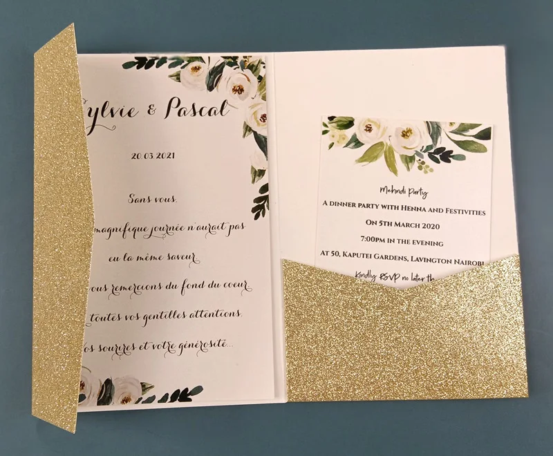 

10X Pocket Champagne Glitter Shimmer Wedding Invitation Cards Trifold Card Greeting Invitations Favor Cover For Fifteen Bridal
