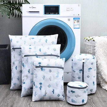 

5 Size Polyester Mesh Laundry Bag Home Use Washing Machine Bags Bra Underwear Washing Bag Cactus Printing Bags Laundry Products