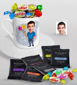 

Personalized Mr Caricature Of Turkish Coffee Cup Selamlique Mixed Turkish Coffee house And Haribo Candy Gift Seti-1