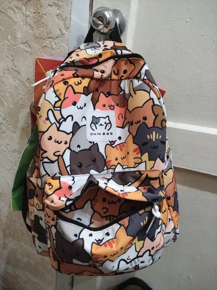 Cute Cartoon Kitty Neko Atsume Cat Print Canvas Backpack Shoulder Bag Rucksack