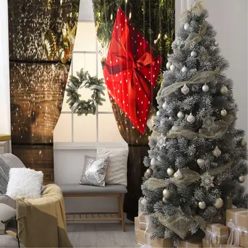 

Stars Baubles Pine Tree Branches Decorating Lights on Wooden Table Romantic Photo Red Brown Green Curtain