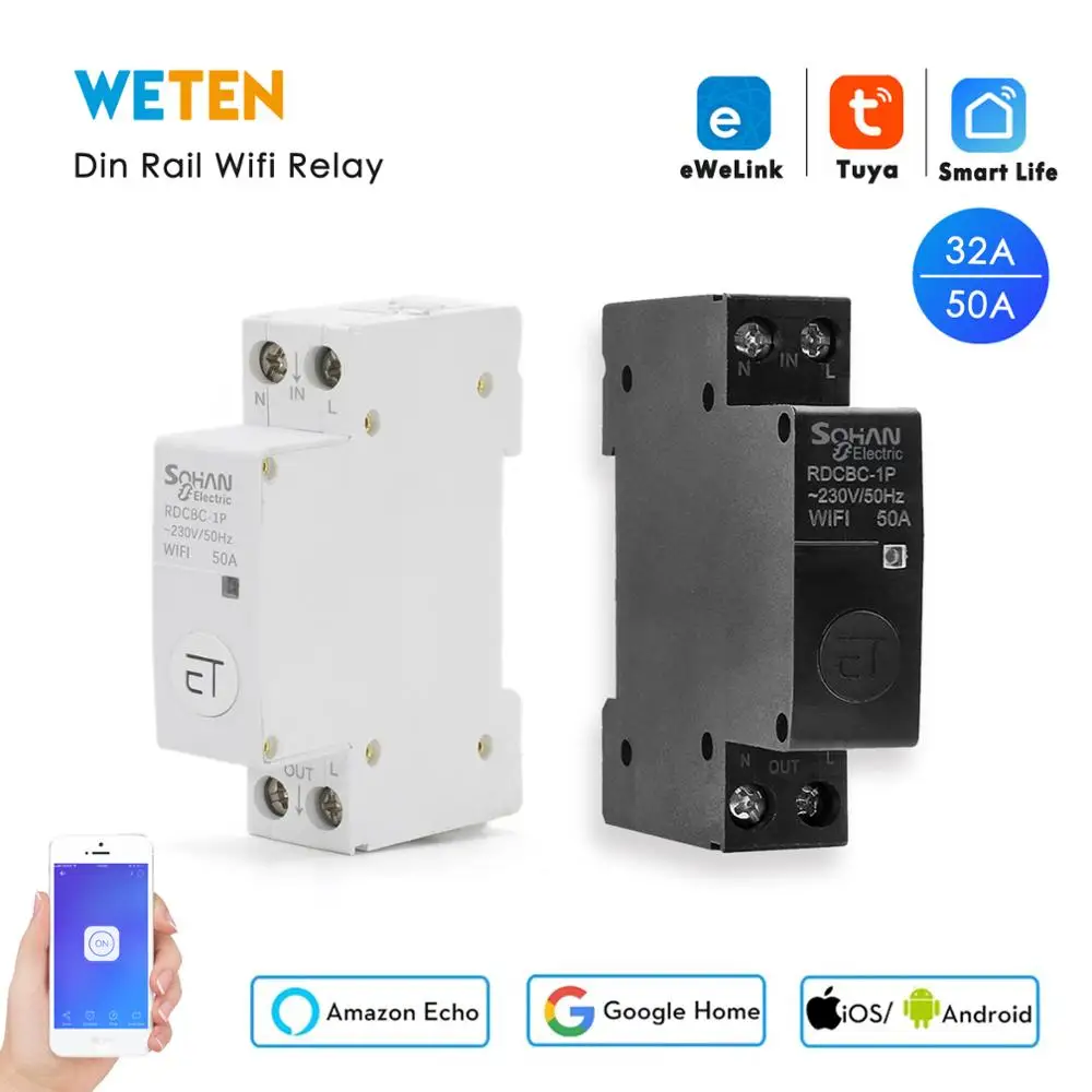 Din Rail WIFI Circuit Breaker Smart Timer Switch Relay 32A 50A Tuya eWeLink APP Control Work With Alexa Google Home 110V 220V