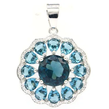 

33x23mm Fancy Round Blue For Woman's Created London Blue Topaz CZ Woman's Gift Silver Pendant