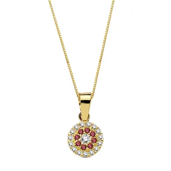 

18k gold pendant red stones cubic zirconia 7mm. Chain 45cm. [AB3336]