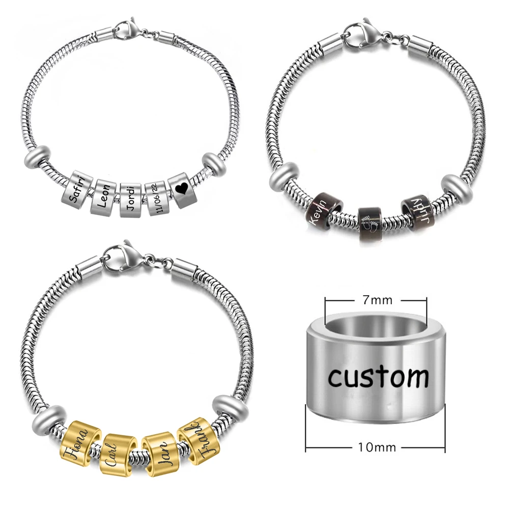 Pulsera de identificación con nombre grabado personalizado para mujer, joyería de acero inoxidable, abalorio, brazalete personalizado, regalo de aniversario para amantes de la familia