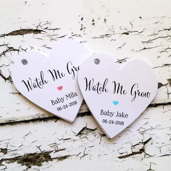 

Watch Me Grow heart tags 2" with baby name and date, baby shower, party favor, succulent tag, Personalised baby boy tags