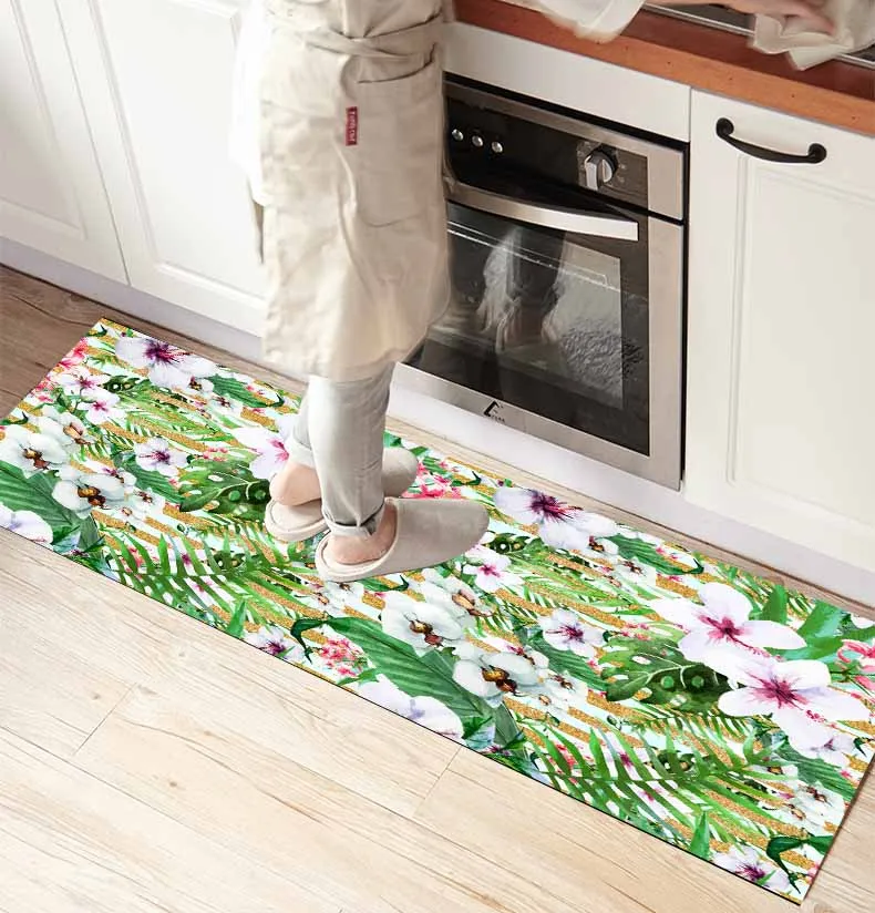 

Else White Flowers Tropical Green Leaves 3d Print Non Slip Microfiber kitchen counter Modern Decorative Washable Area Rug Mat