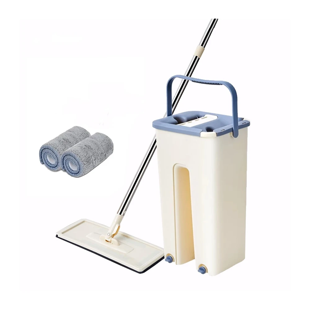 Flat Mop With Microfiber Pads And Bucket For Draining, Floor Cleaning
