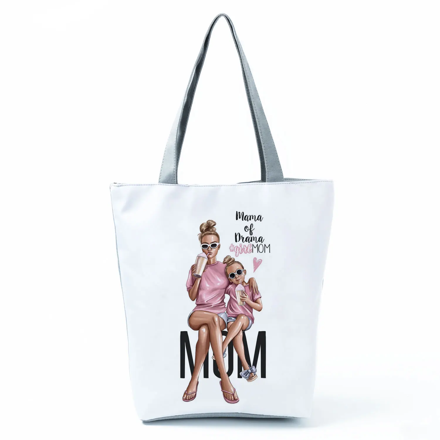 Cute Cartoon Super Mama Print Linen Tote Bag Reusable Shoulder Bags Mom And Baby Fold Women Casual Handbags Lady Fabric Totes