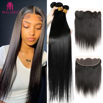 Malaika 40 Inch Straight Hair With Frontal Birthday Bundles Deals Brazilian Human Hair Bundles With Closure Remy Hair Extension 1