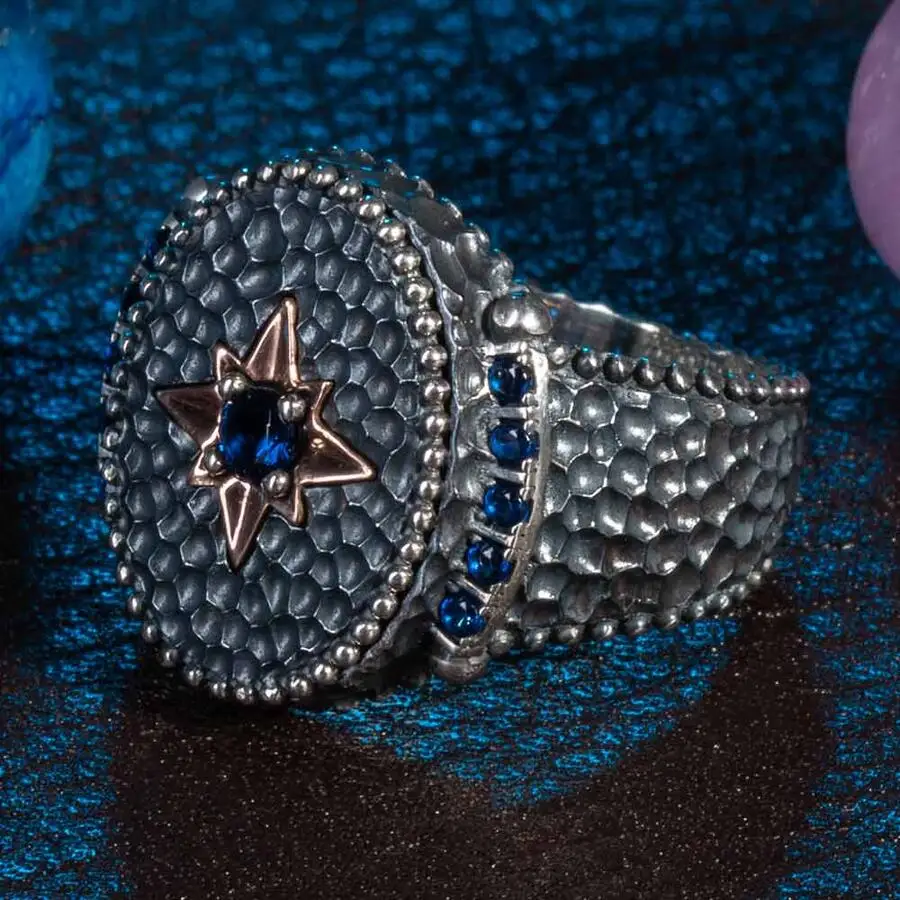 

Silver Blue Zircon Gemstone Ring North Star Figure Men Ring Vintage Men Jewelery Solid 925 Sterling Silver Men For Gifts