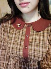 Plaid Dress Peter-Pan-Collar Long-Sleeve Autumn-Style Mori-Girl Cute Kawaii Fashion Lady