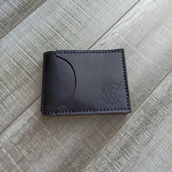 

Money Clip genuine leather handmade black bright contrast stitch golden tone. Original gift.
