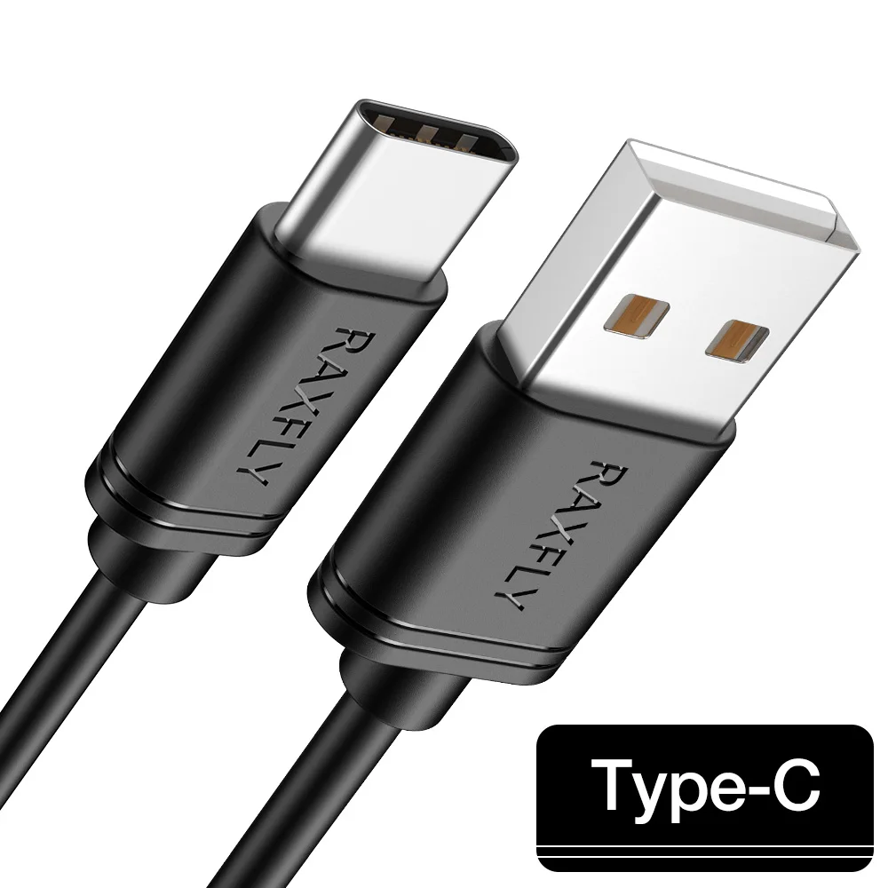 USB raxfly type-C кабель для samsung Note 10 s10 A50 Xiaomi Redmi Note 7 8pro USB C кабель для мобильного телефона провод для быстрого заряда шнур - Цвет: Черный