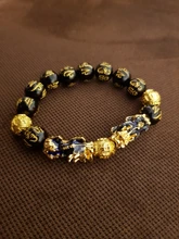 Feng Shui-pulsera de cuentas de piedra obsidiana Unisex, brazalete de oro negro, Pixiu, riqueza, buena suerte