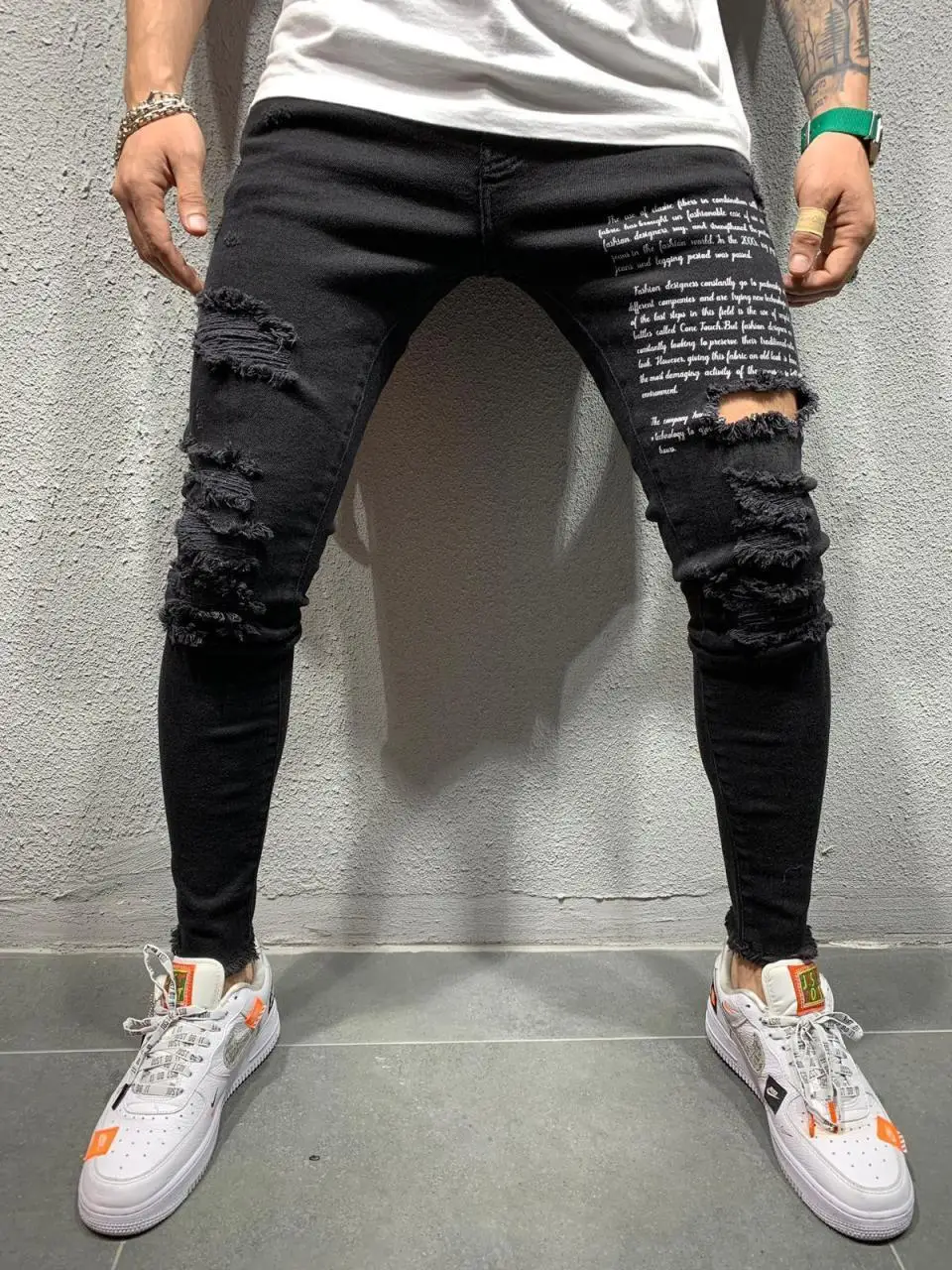 

Black White Distressed Denim Words Patched Jeans