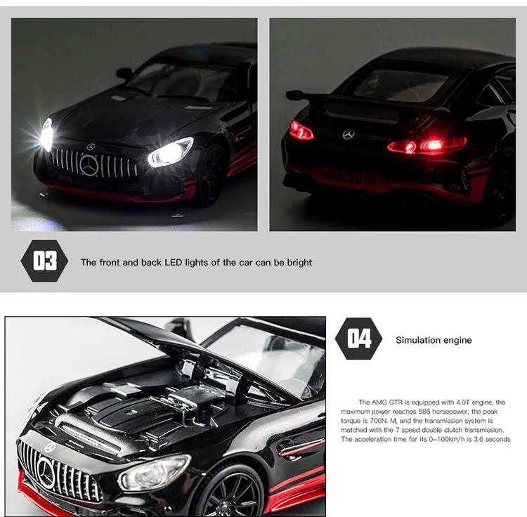 KIDAMI 1:32 Ben AMG GT Diecast Car Model High Simulation Pull Back Sound and Light Model Toy Car For Children's Birthday Gifts