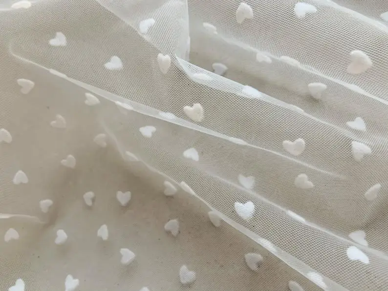 Off White Tulle Lace Fabric With Velvet Heart | Дом и сад