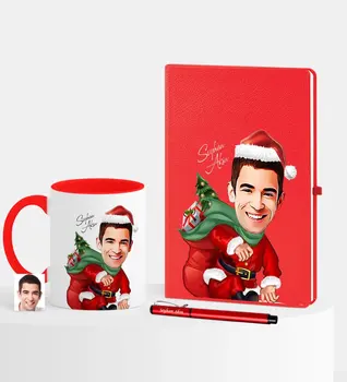 

Personalized Christmas Themed Bay Caricature Of Red Notebook Pen Mug set-4