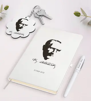 

Personalized Ataturk Themed White Notebook Pen and Keychain Gift Seti-23