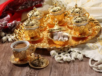 

Rose Design Arabic Coffee Set For Six Person Gold Color