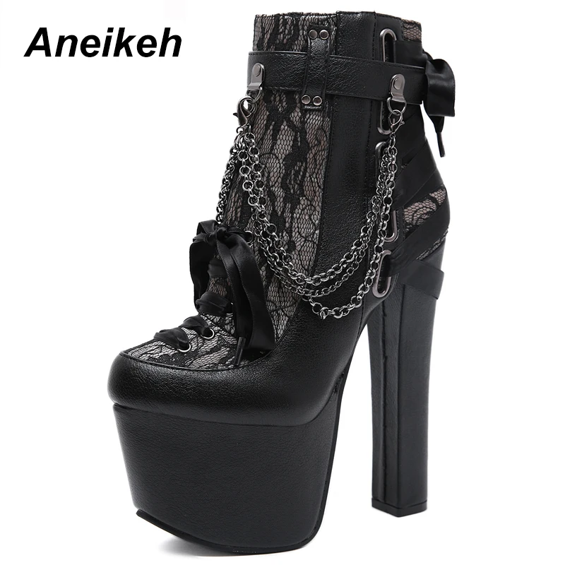 Aneikeh/мотоциклетные ботинки на молнии с металлическими цепочками и заклепками; женская обувь; ботильоны на платформе на очень высоком каблуке; байкерские ботинки в стиле панк-рок, готика - Цвет: PU-Black