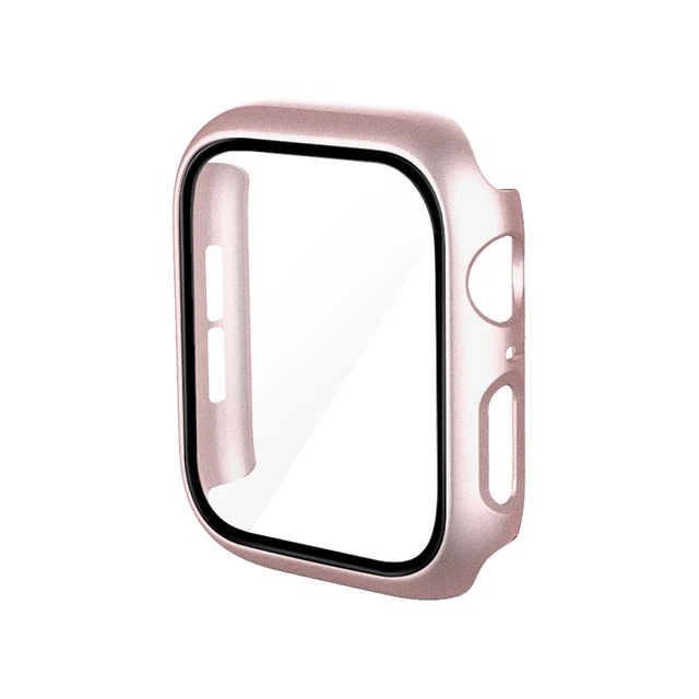 360 Full Bumper Frame Matte Hard Case for Apple Watch 7/6/SE/5/4/3/2/1 Cover Tempered Glass Film for iWatch 41MM 45MM 40MM 44MM Rose Gold